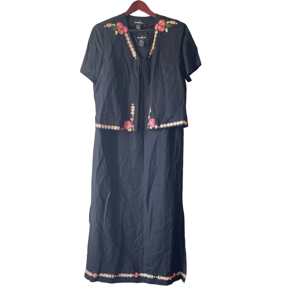 Vintage Black Linen Blend floral Embroidered Maxi Dress & Jacket Set – Size 16